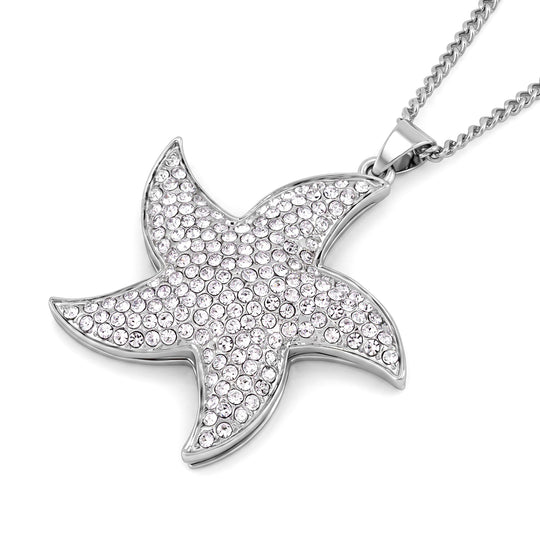 Weißer Kristall-Seestern-Anhänger mit 73+5cm Kette, Legierung in Goldton