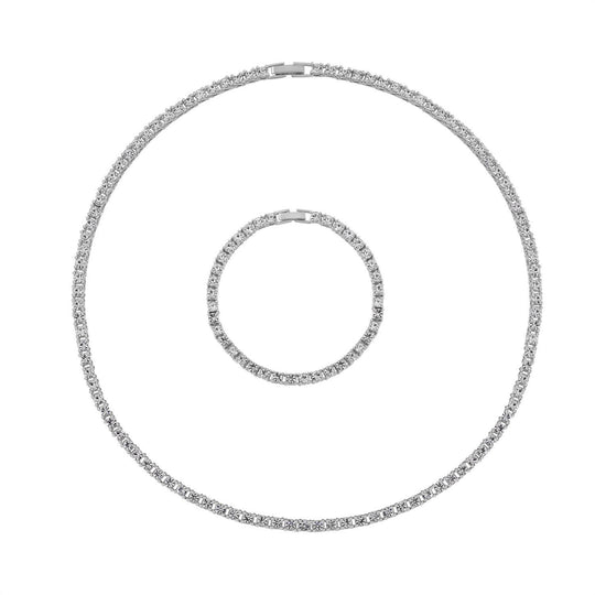 2er Set - Weißer Kristall Halskette und Armband, silberfarben