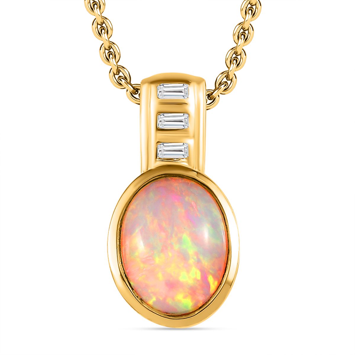 Natürlicher, äthiopischer Welo Opal, weißer Zirkon Anhänger mit Kette, 925 Silber Gelbgold Vermeil ca. 1.32 ct