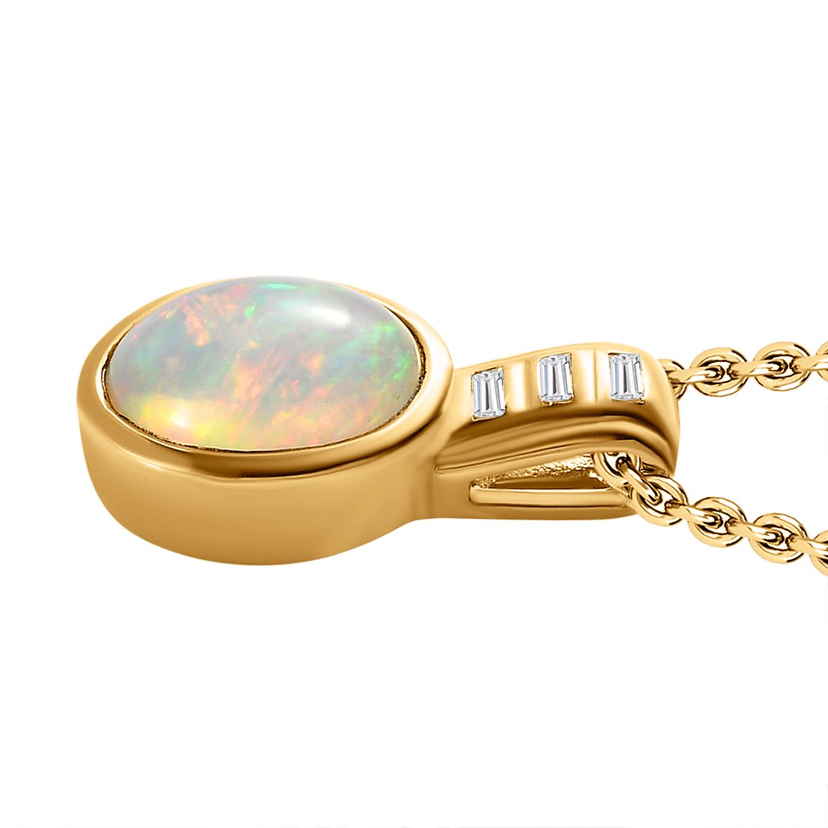 Natürlicher, äthiopischer Welo Opal, weißer Zirkon Anhänger mit Kette, 925 Silber Gelbgold Vermeil ca. 1.32 ct