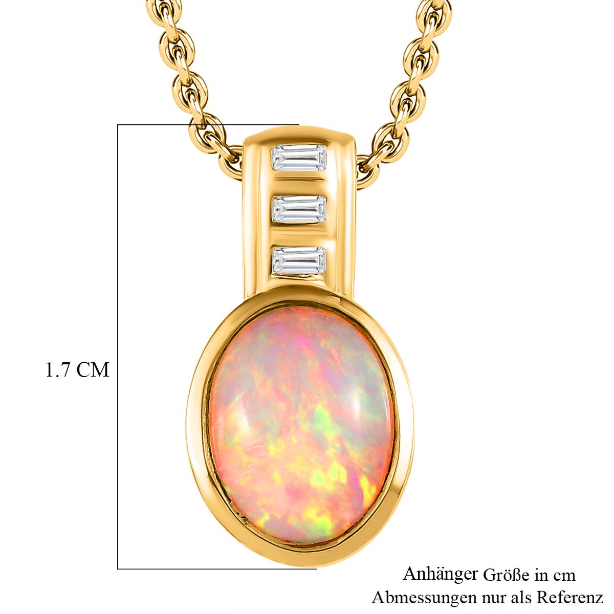 Natürlicher, äthiopischer Welo Opal, weißer Zirkon Anhänger mit Kette, 925 Silber Gelbgold Vermeil ca. 1.32 ct