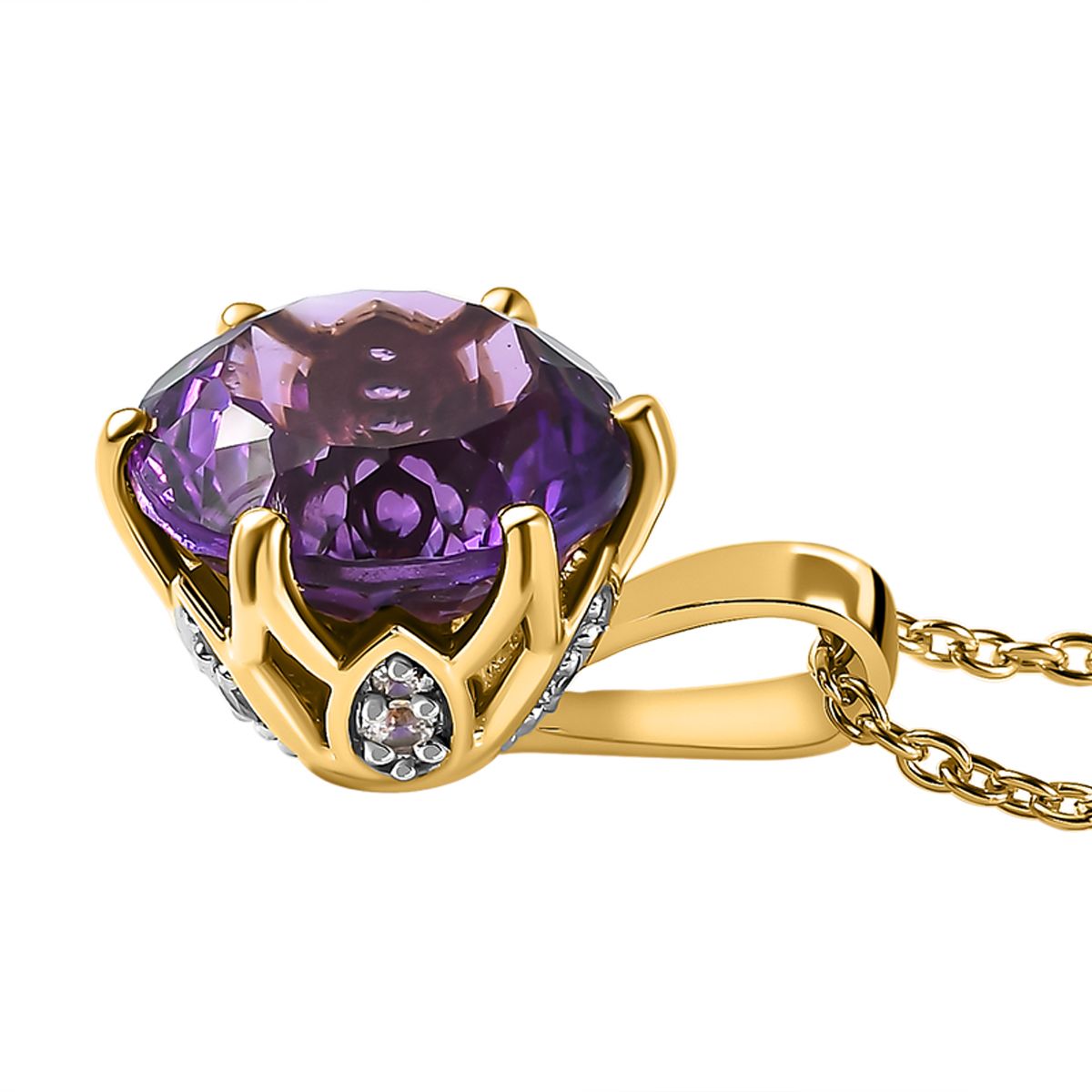 Afrikanischer Amethyst, weißer Zirkon Anhänger mit Kette, 925 Silber Gelbgold Vermeil ca. 6.68 ct
