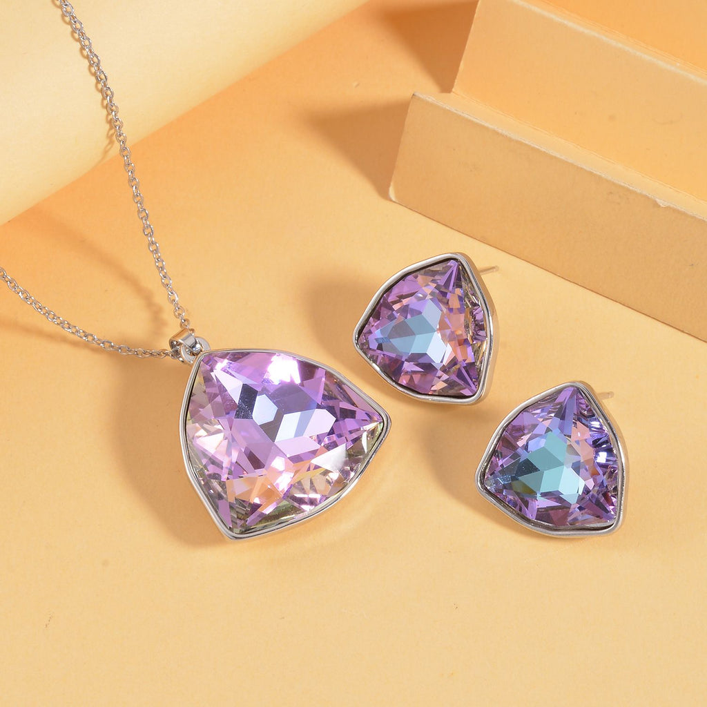 3er Set Lila Kristall Anhänger mit Kette und Ohrstecker im Schmuckset