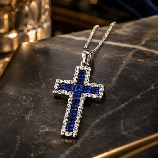 LUSTRO STELLA - Blauer Zirkonia Anhänger mit Kette, 925 Silber rhodiniert ca. 2.78 ct