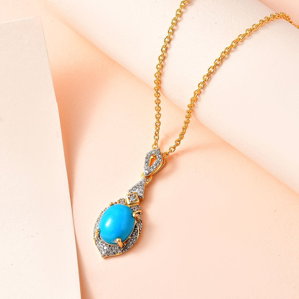 Amerikanischer, natürlicher Sleeping Beauty Türkis, weißer Zirkon Anhänger mit Kette, 925 Silber Gelbgold Vermeil ca. 3.21 ct