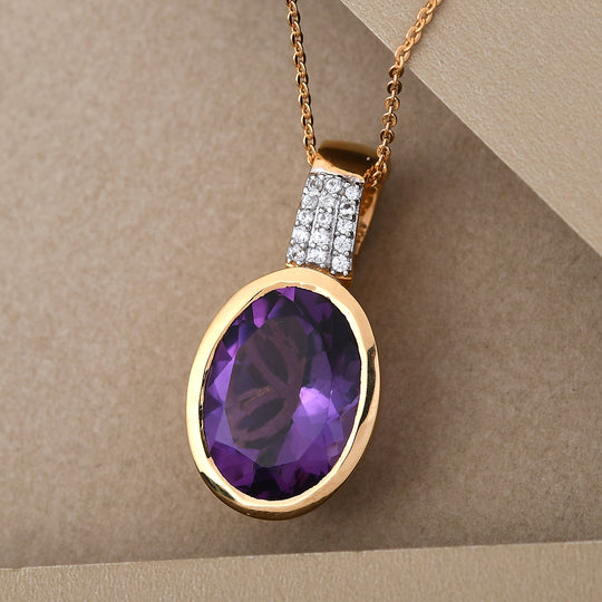 Natürlicher, marokkanischer Amethyst und weißer Zirkon-Anhänger mit Kette, 925 Silber vergoldet ca. 8,28 ct