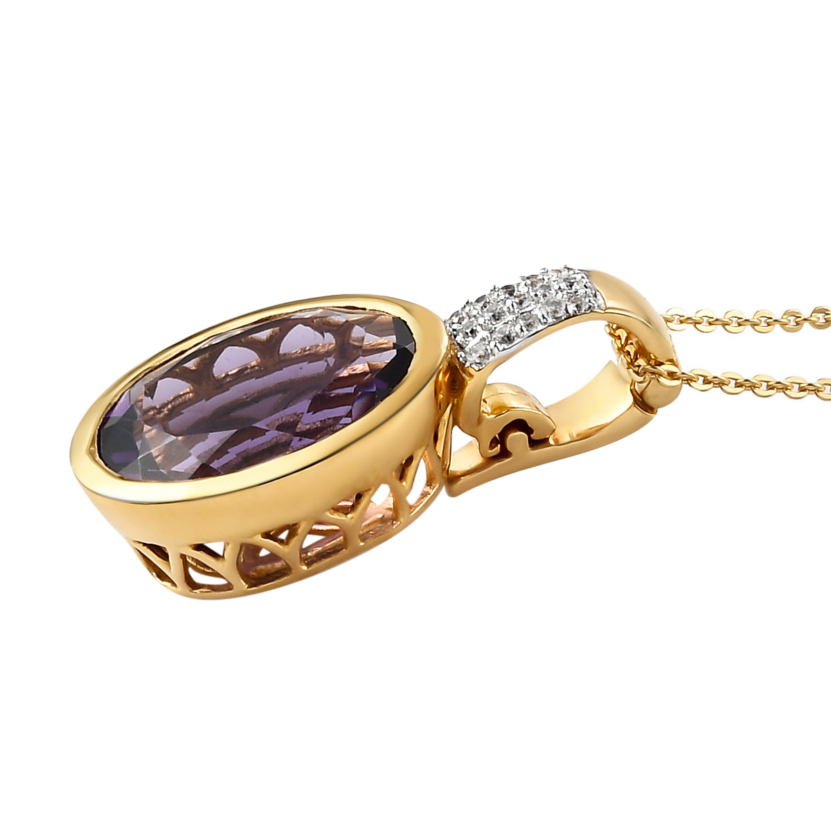 Natürlicher, marokkanischer Amethyst und weißer Zirkon-Anhänger mit Kette, 925 Silber vergoldet ca. 8,28 ct