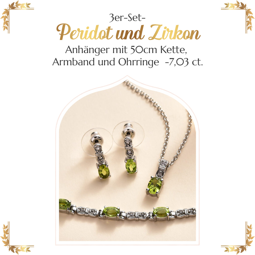 3er Set, natürliche Peridot Ohrringe, Armband, Anhänger mit Kette, Edelstahl, ca. 7.03 ct