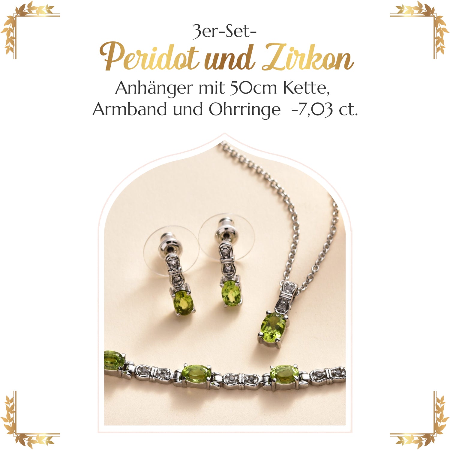 3er Set, natürliche Peridot Ohrringe, Armband, Anhänger mit Kette, Edelstahl, ca. 7.03 ct