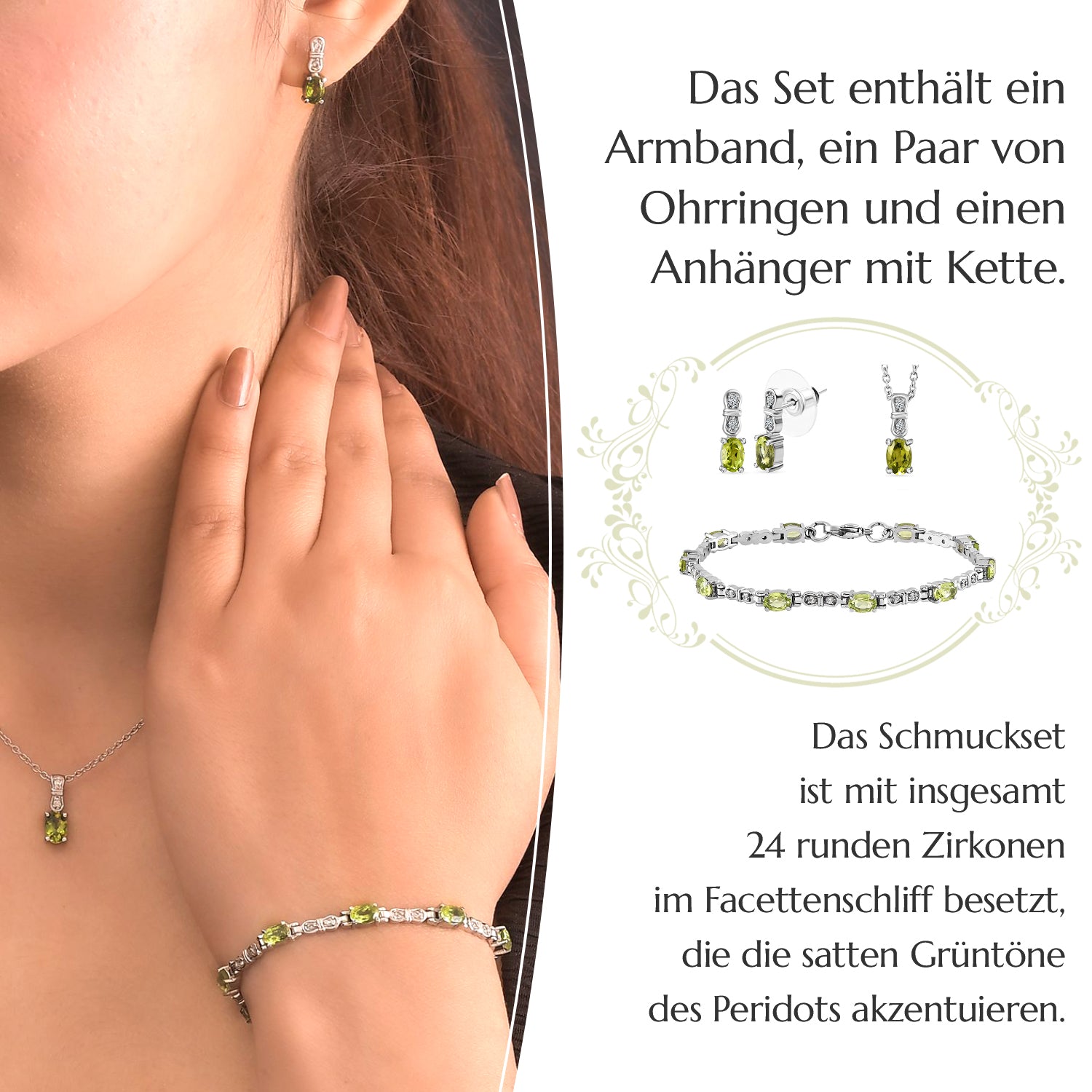 3er Set, natürliche Peridot Ohrringe, Armband, Anhänger mit Kette, Edelstahl, ca. 7.03 ct