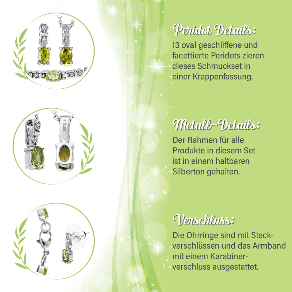 3er Set, natürliche Peridot Ohrringe, Armband, Anhänger mit Kette, Edelstahl, ca. 7.03 ct