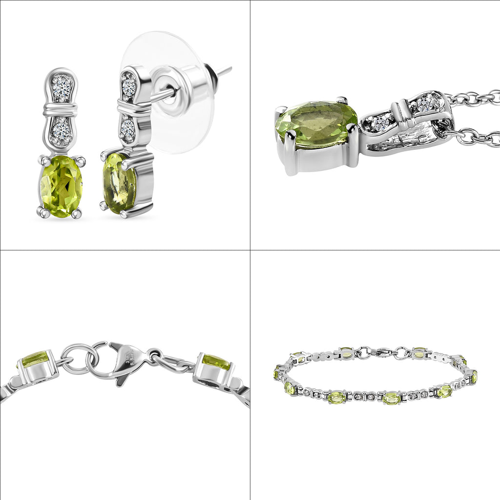 3er Set, natürliche Peridot Ohrringe, Armband, Anhänger mit Kette, Edelstahl, ca. 7.03 ct