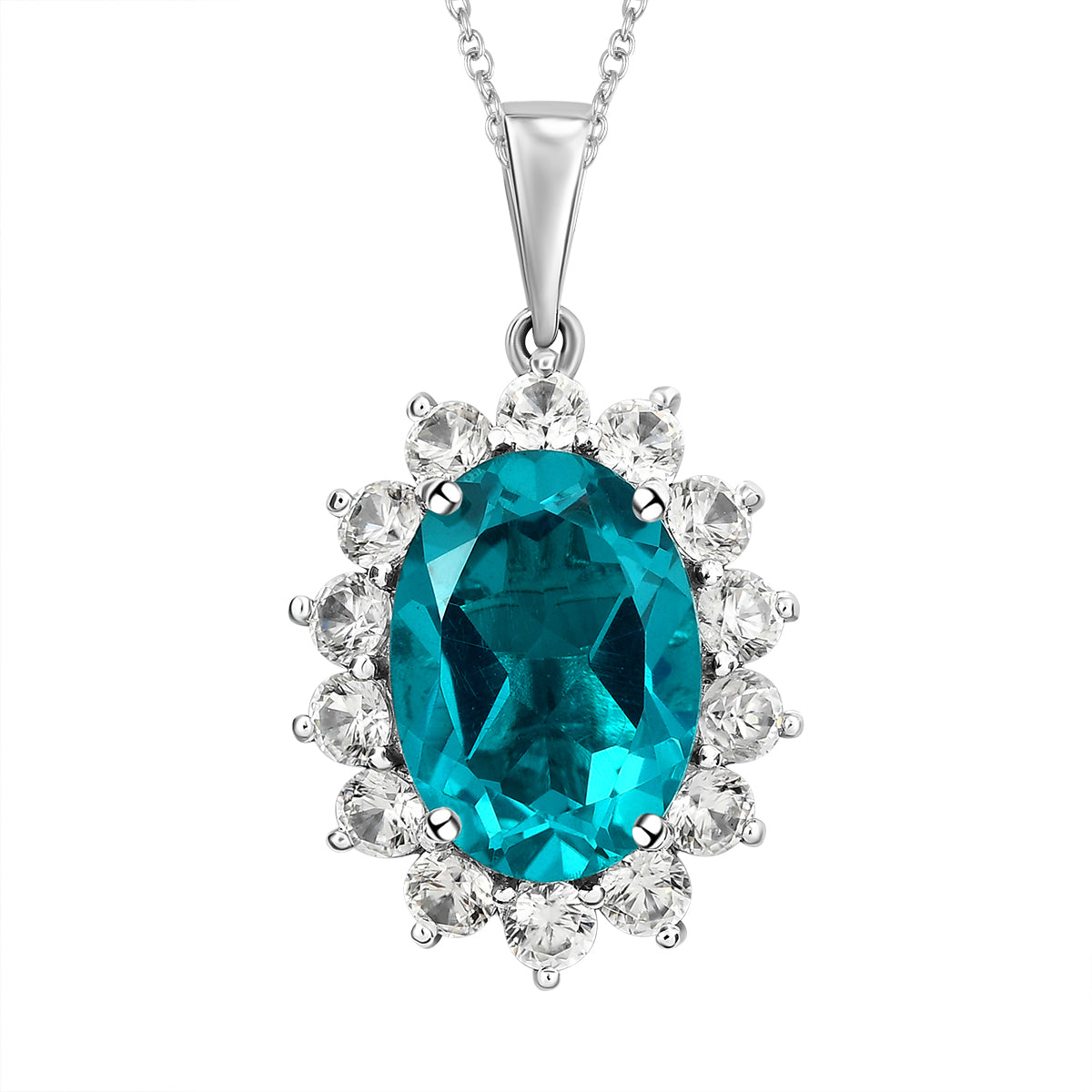 Capri-Blau Triplette Quarz und weißer Zirkon-Anhänger mit Kette, ca. 8.92 ct