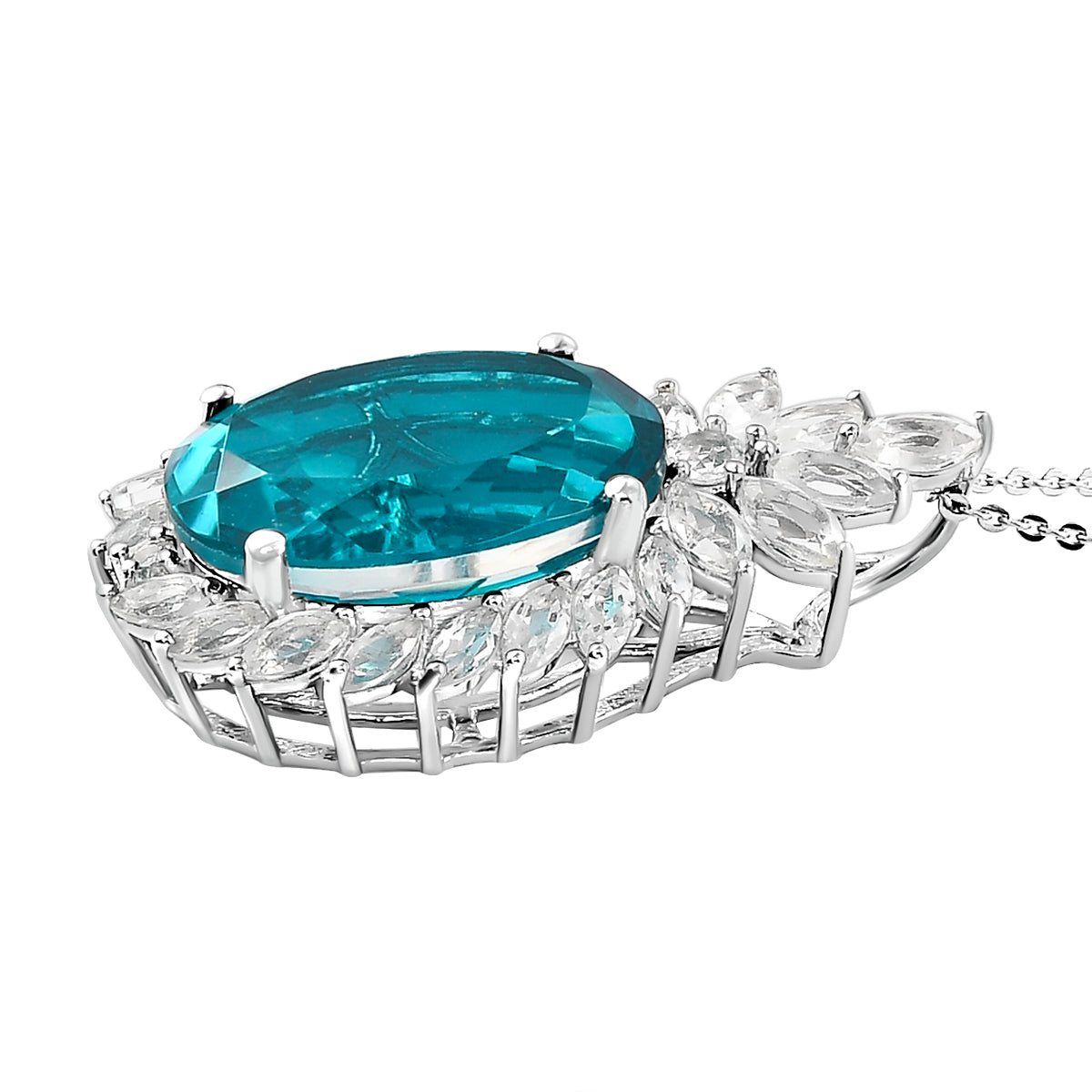 Capri-Blau Quartz und weißer Topas-Anhänger mit Kette, 925 Silber platiniert ca. 16.33 ct
