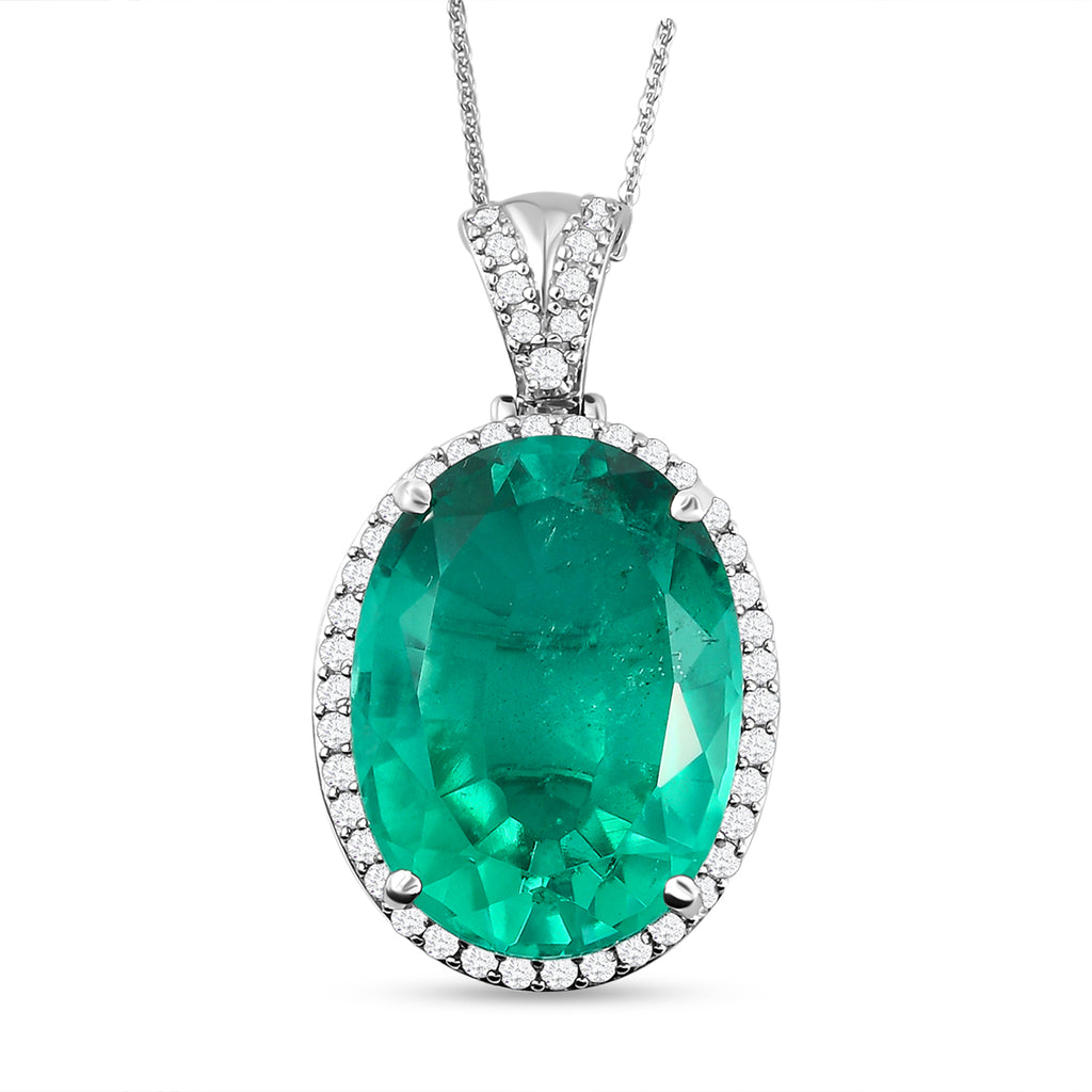 Smaragd-Triplett-Quarz und weißer Zirkon-Anhänger mit Kette, 925 Silber platiniert ca. 34,29 ct