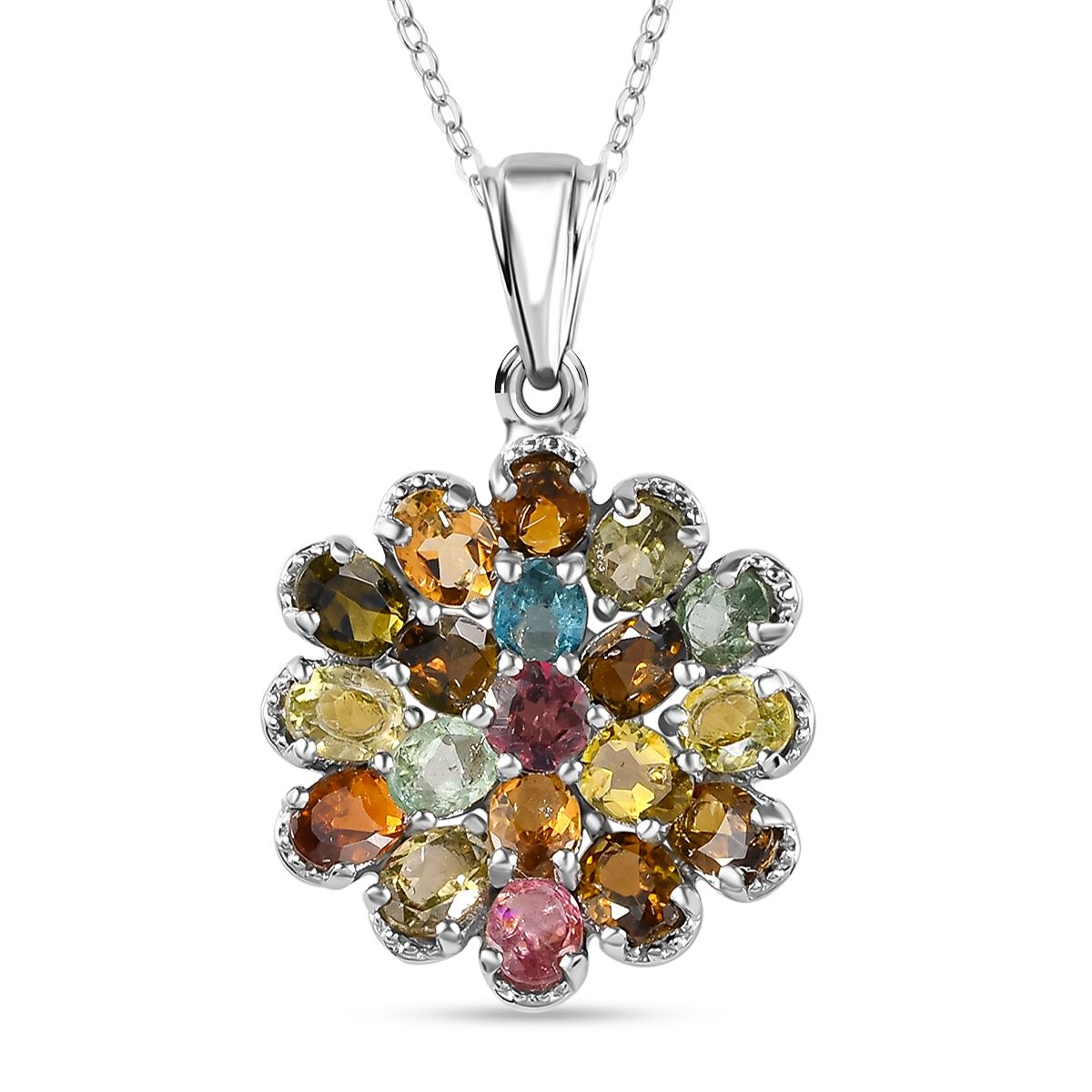 Natürlicher mehrfarbiger Turmalin Anhänger mit Kette, 925 Silber platiniert, ca. 3.17 ct