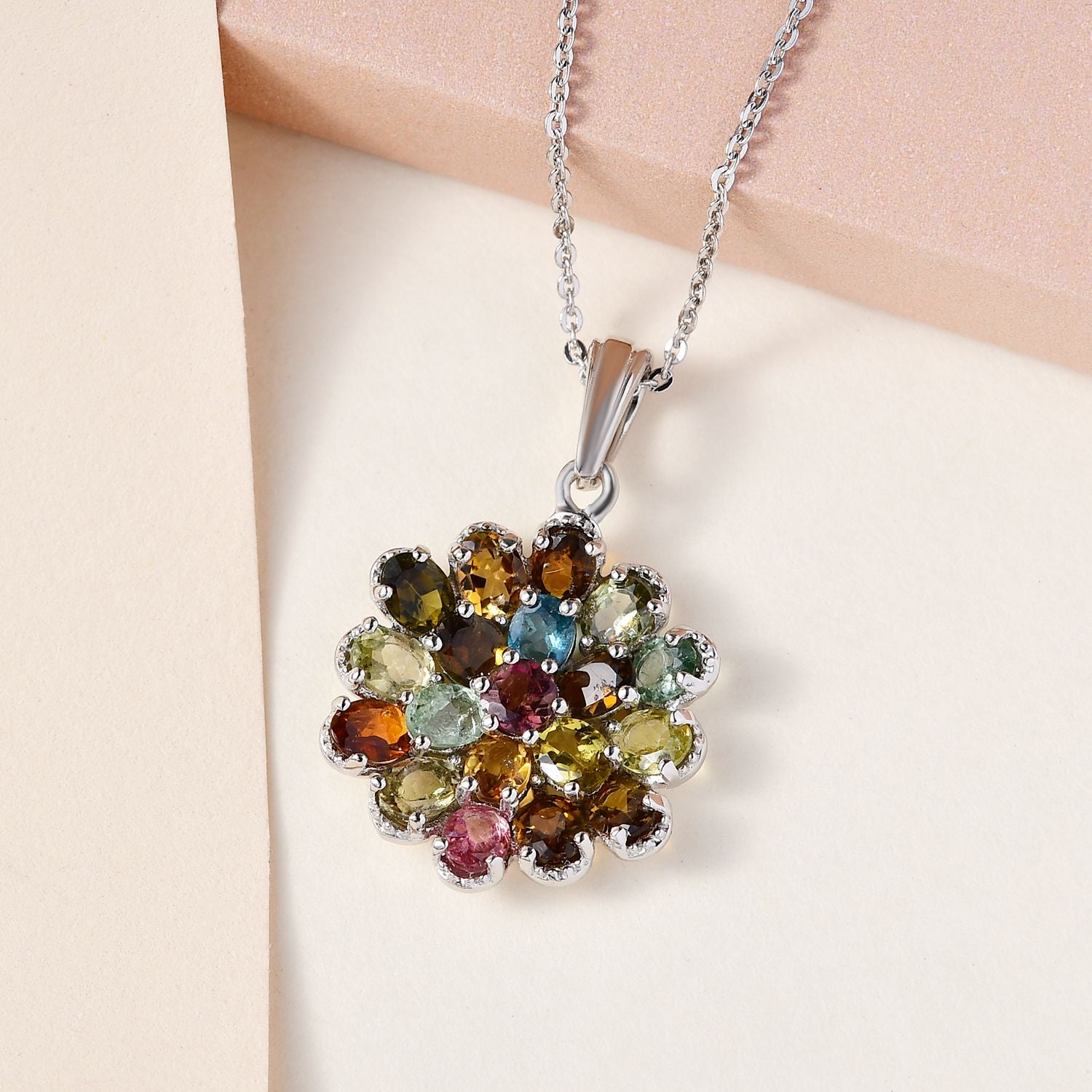 Natürlicher mehrfarbiger Turmalin Anhänger mit Kette, 925 Silber platiniert, ca. 3.17 ct