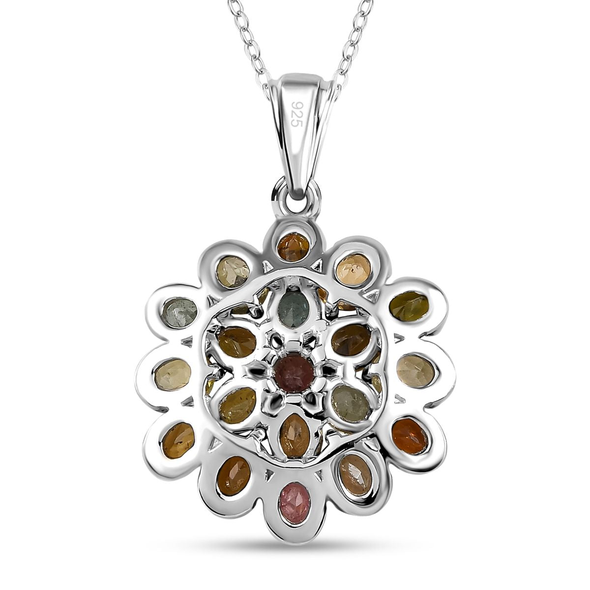 Natürlicher mehrfarbiger Turmalin Anhänger mit Kette, 925 Silber platiniert, ca. 3.17 ct