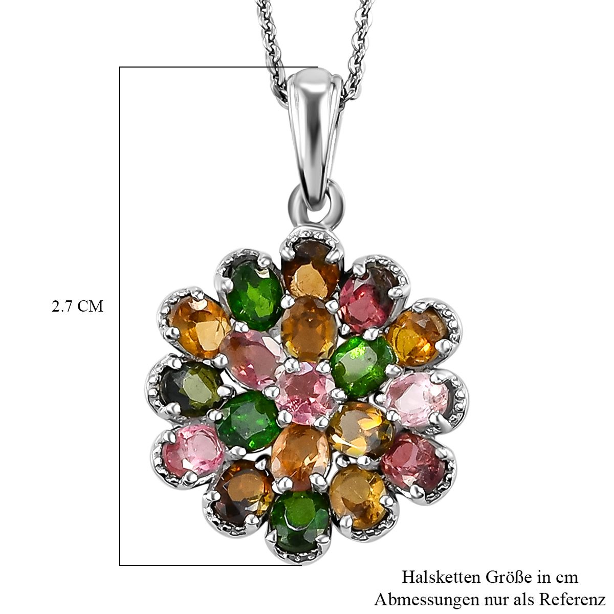 Natürlicher mehrfarbiger Turmalin Anhänger mit Kette, 925 Silber platiniert, ca. 3.17 ct