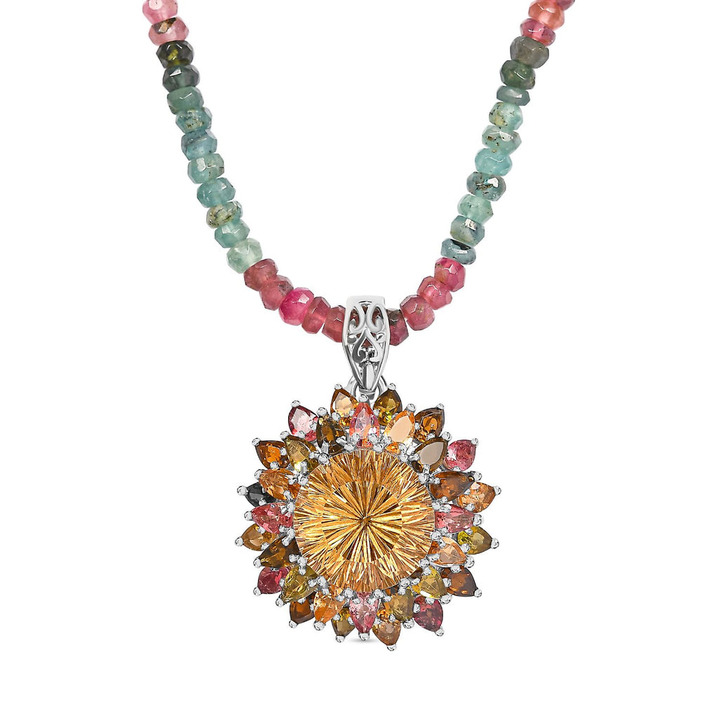 Hanabi Schliff Citrin und natürlicher mehrfach-Turmalin Anhänger mit Kette, 925 Silber platiniert ca. 50.55 ct