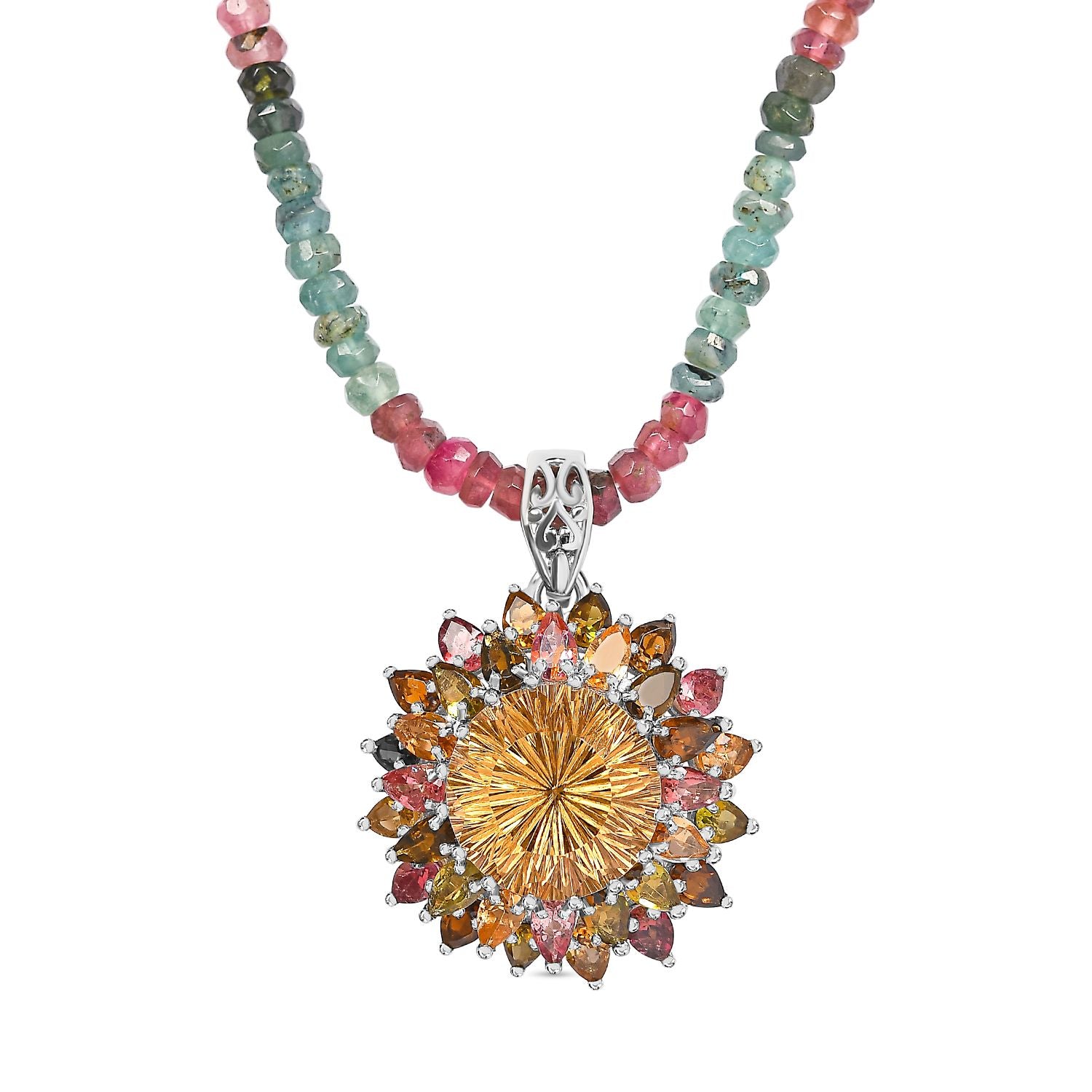 Hanabi Schliff Citrin und natürlicher mehrfach-Turmalin Anhänger mit Kette, 925 Silber platiniert ca. 50.55 ct