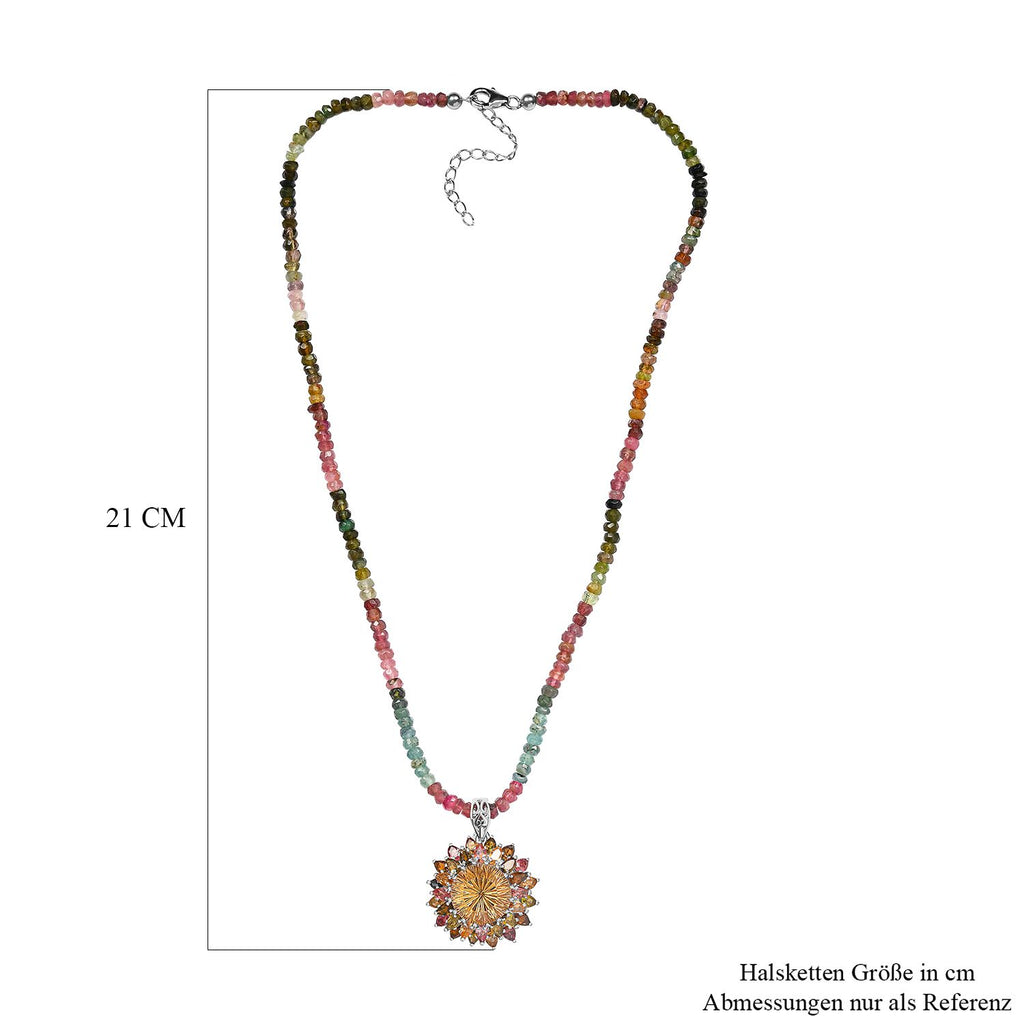 Hanabi Schliff Citrin und natürlicher mehrfach-Turmalin Anhänger mit Kette, 925 Silber platiniert ca. 50.55 ct