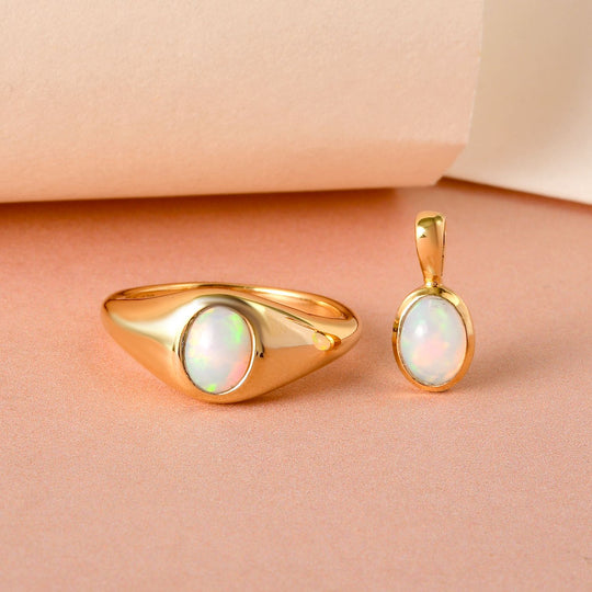 Natürlicher, äthiopischer Welo Opal-Ring und Anhänger, 925 Silber vergoldet ca. 1,15 ct