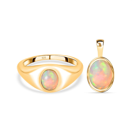 Natürlicher, äthiopischer Welo Opal-Ring und Anhänger, 925 Silber vergoldet ca. 1,15 ct