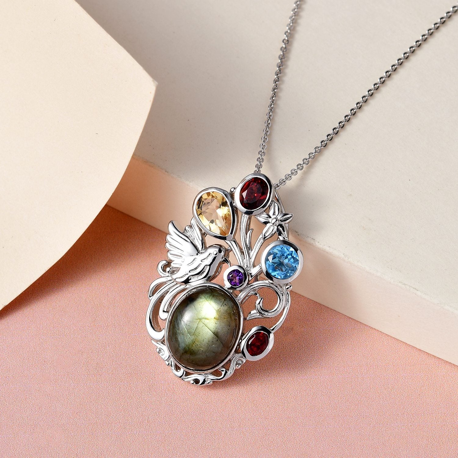 Labradorit und mehrfarbiger Edelstein-Anhänger mit Kette,  925 Silber platiniert ca. 8.05 ct