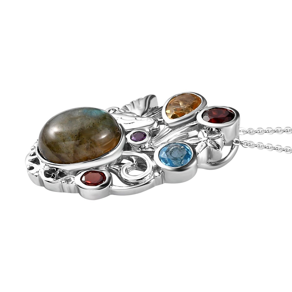 Labradorit und mehrfarbiger Edelstein-Anhänger mit Kette,  925 Silber platiniert ca. 8.05 ct