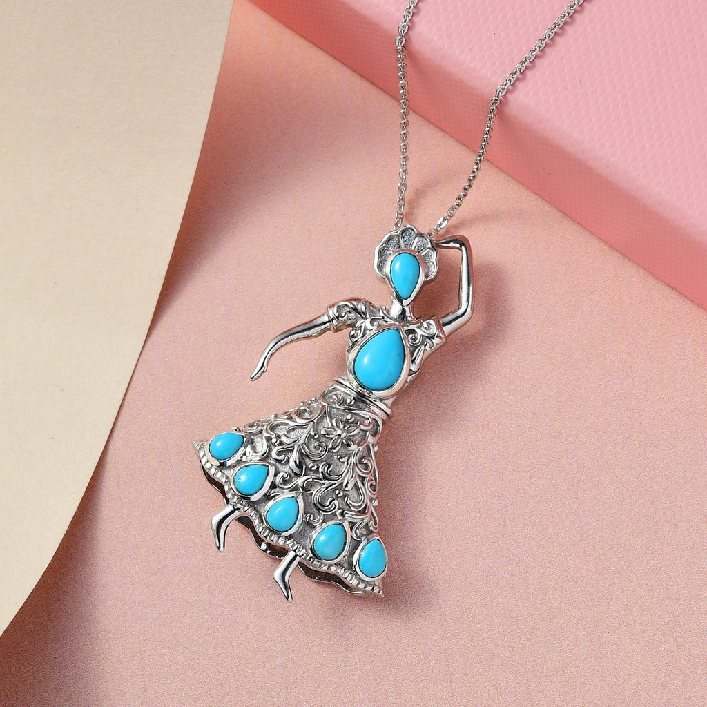 Sleeping Beauty Türkis Anhänger mit Kette, 925 Silber platiniert ca. 1.72 ct