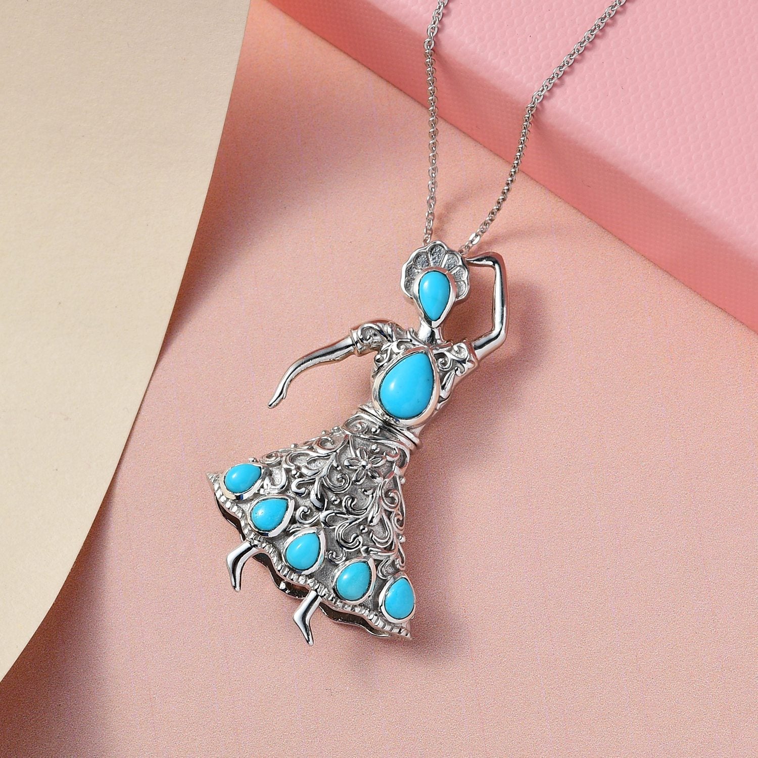 Sleeping Beauty Türkis Anhänger mit Kette, 925 Silber platiniert ca. 1.72 ct