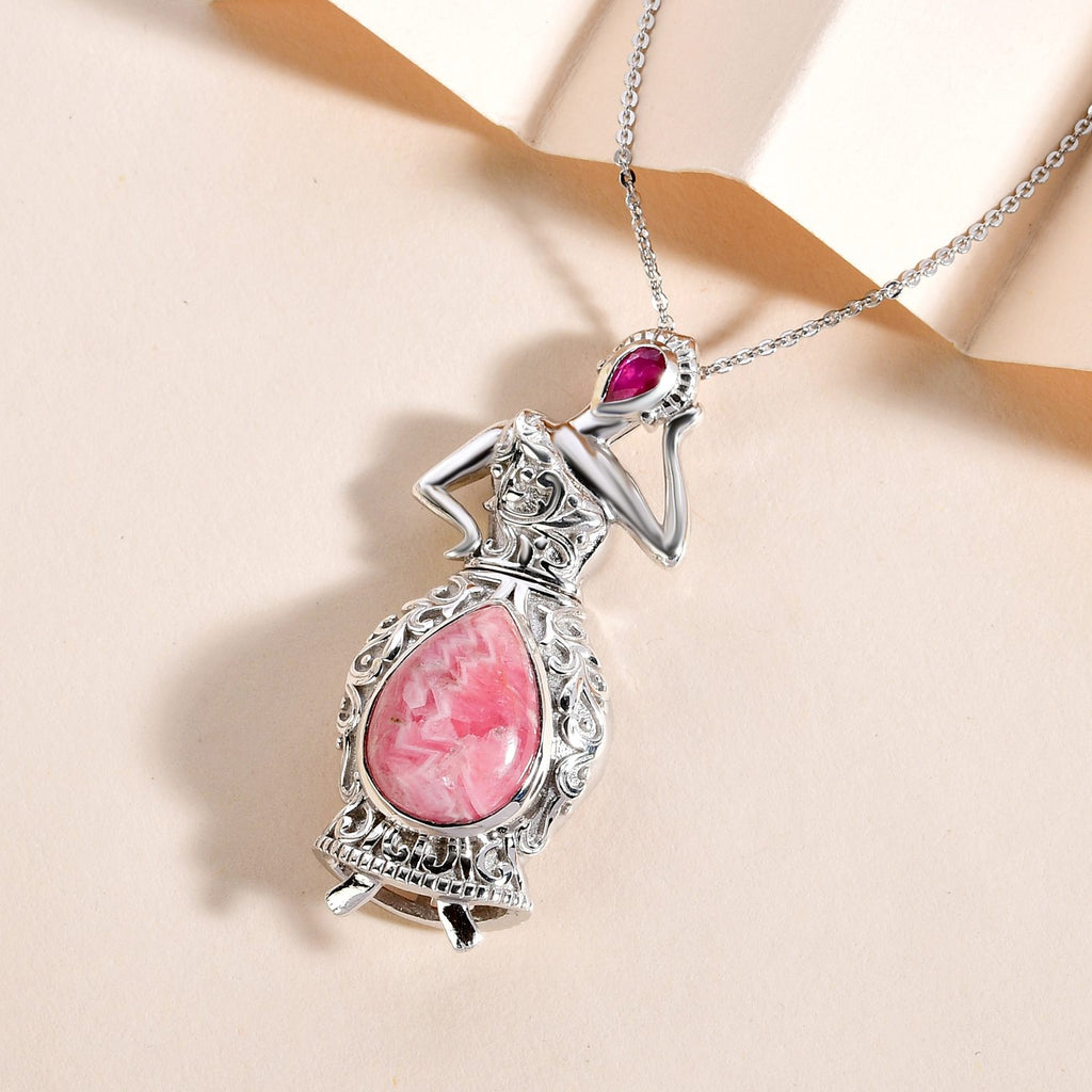 Rhodochrosit und afrikanischer Rubin-Anhänger mit Kette, 925 Silber platiniert ca. 7.39 ct