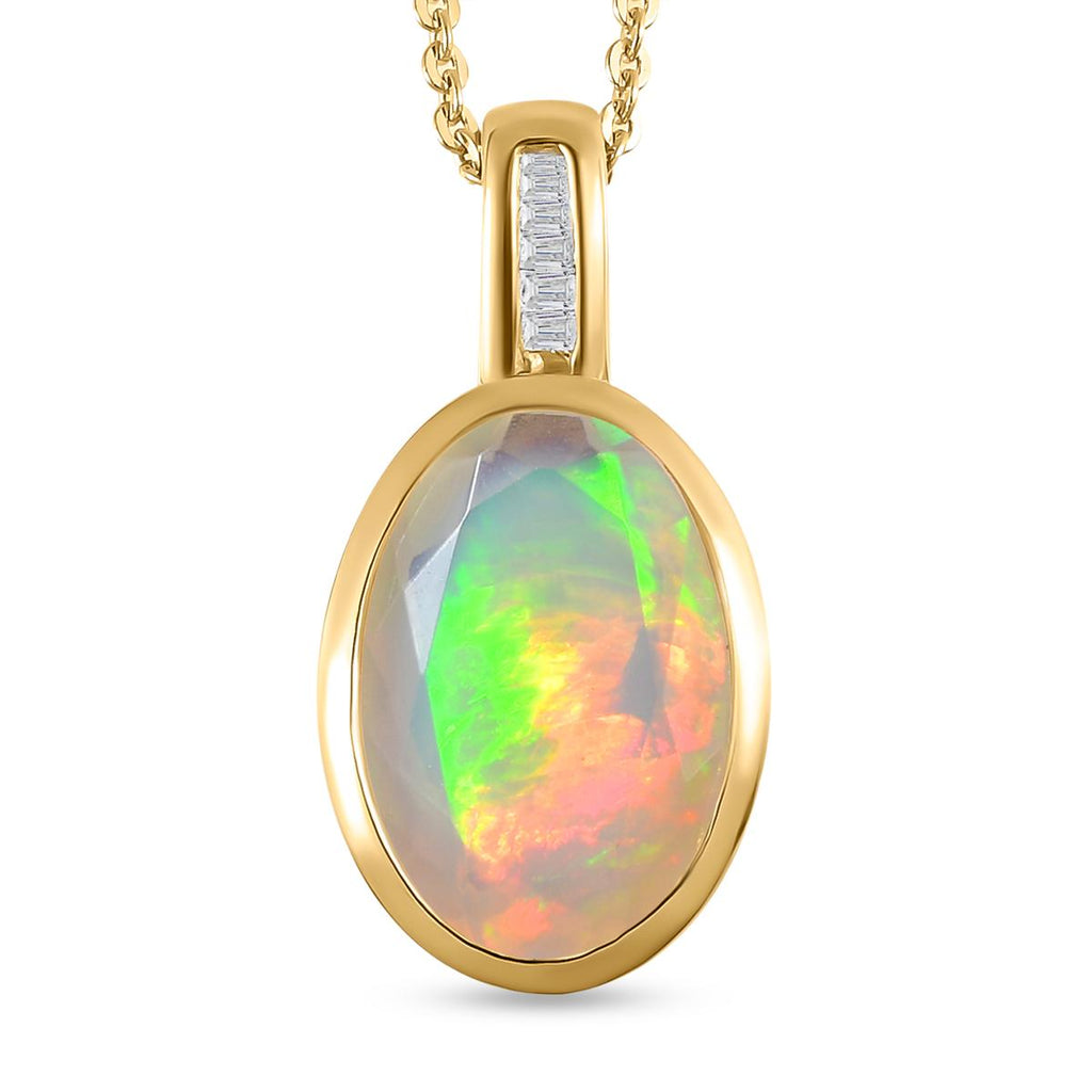 Natürlicher, äthiopischer Welo Opal und weißer Diamant-Anhänger mit Kette, 925 Silber Gelbgold Vermeil ca. 2.10 ct