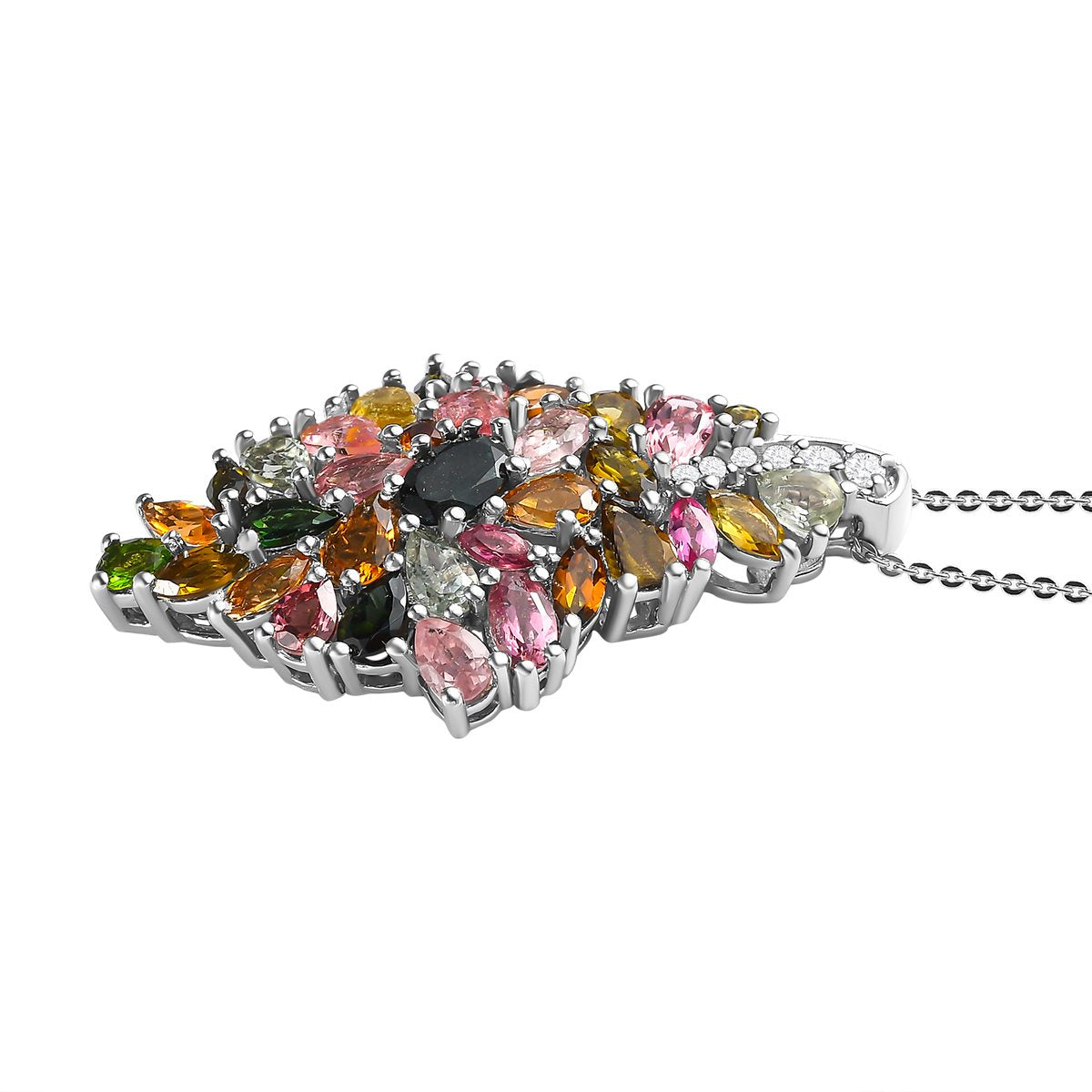 Natürlicher mehrfarbiger Turmalin Anhänger mit Kette, 925 Silber platiniert ca. 6.21 ct