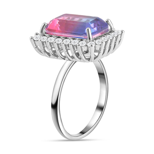 2er Set - Rosa Turmalin Glas, weißer Zirkonia Ring und Ohrringe Set, Reines Messing