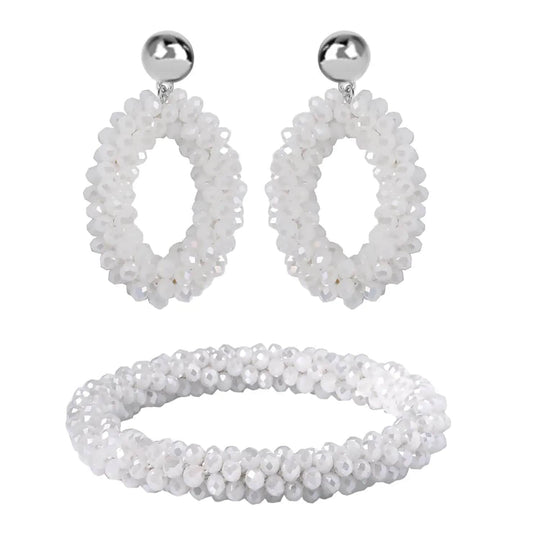2er Set - Perlen-Armband (flexibles ca. 7.5 cm) und Ohrringe mit dunkelgrünem Glas, Silberfarben