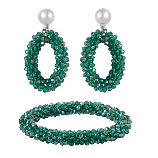 2er Set - Perlen-Armband (flexibles ca. 7.5 cm) und Ohrringe mit dunkelgrünem Glas, Silberfarben