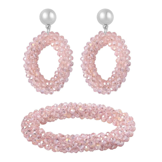 2er Set - Perlen-Armband (flexibles ca. 7.5 cm) und Ohrringe mit dunkelgrünem Glas, Silberfarben