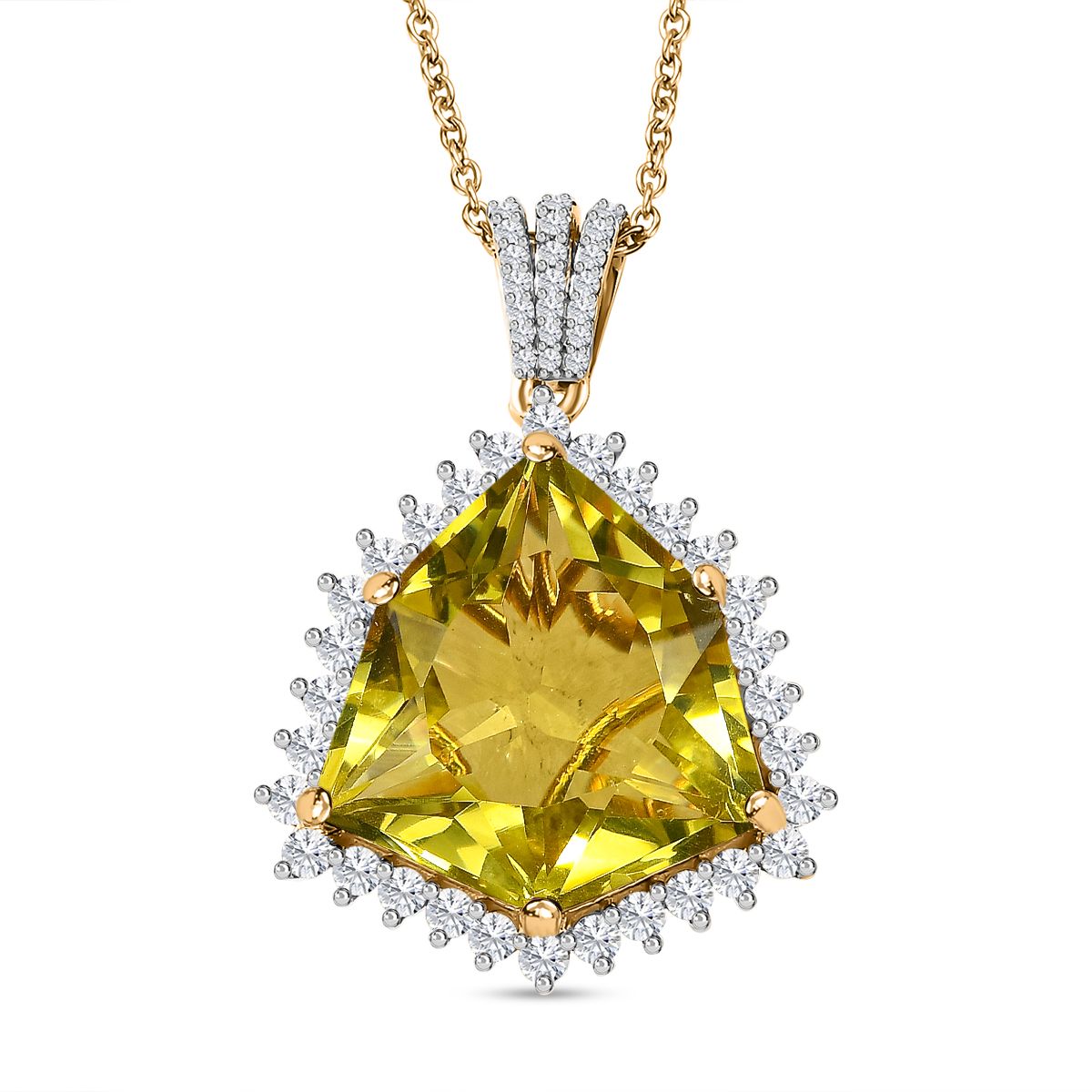 AA Ouro Verde-Quarz, Weißer Zirkon Anhänger mit Kette, 925 Silber vergoldet, ca. 22.25 ct