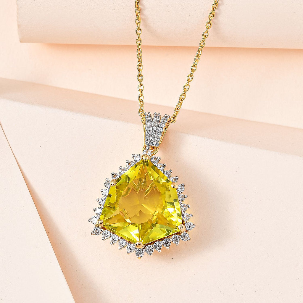 AA Ouro Verde-Quarz, Weißer Zirkon Anhänger mit Kette, 925 Silber vergoldet, ca. 22.25 ct