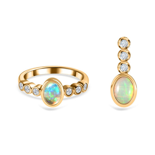 2er Set - AA Natürlicher, äthiopischer Welo Opal Ring und Anhänger im Schmuckset, 925 Silber vergoldet ca. 1.75 ct