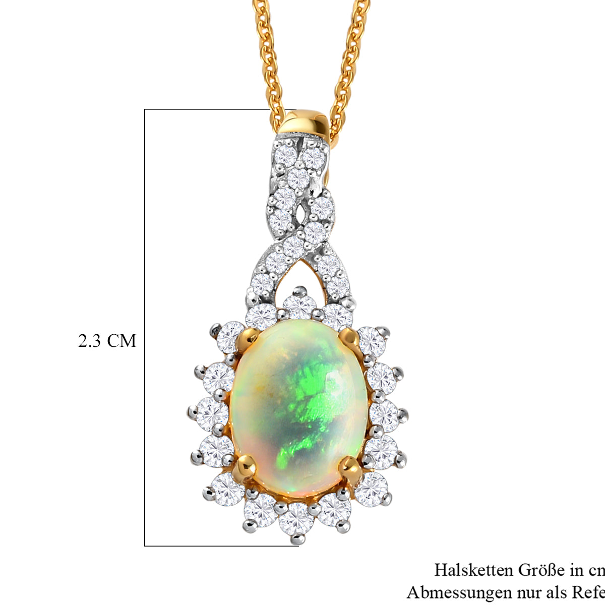 Natürlicher, äthiopischer Opal und weißer Zirkon-Anhänger mit Kette, Silber ca. 1,82 ct