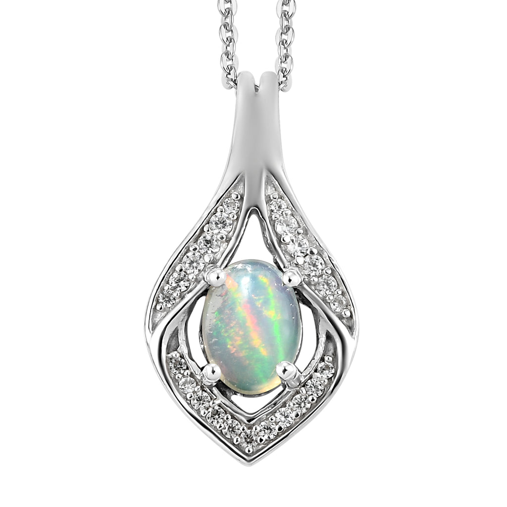 Natürlicher, äthiopischer Opal und weißer Zirkon-Anhänger mit Kette, 925 Silber platiniert ca. 0,69 ct