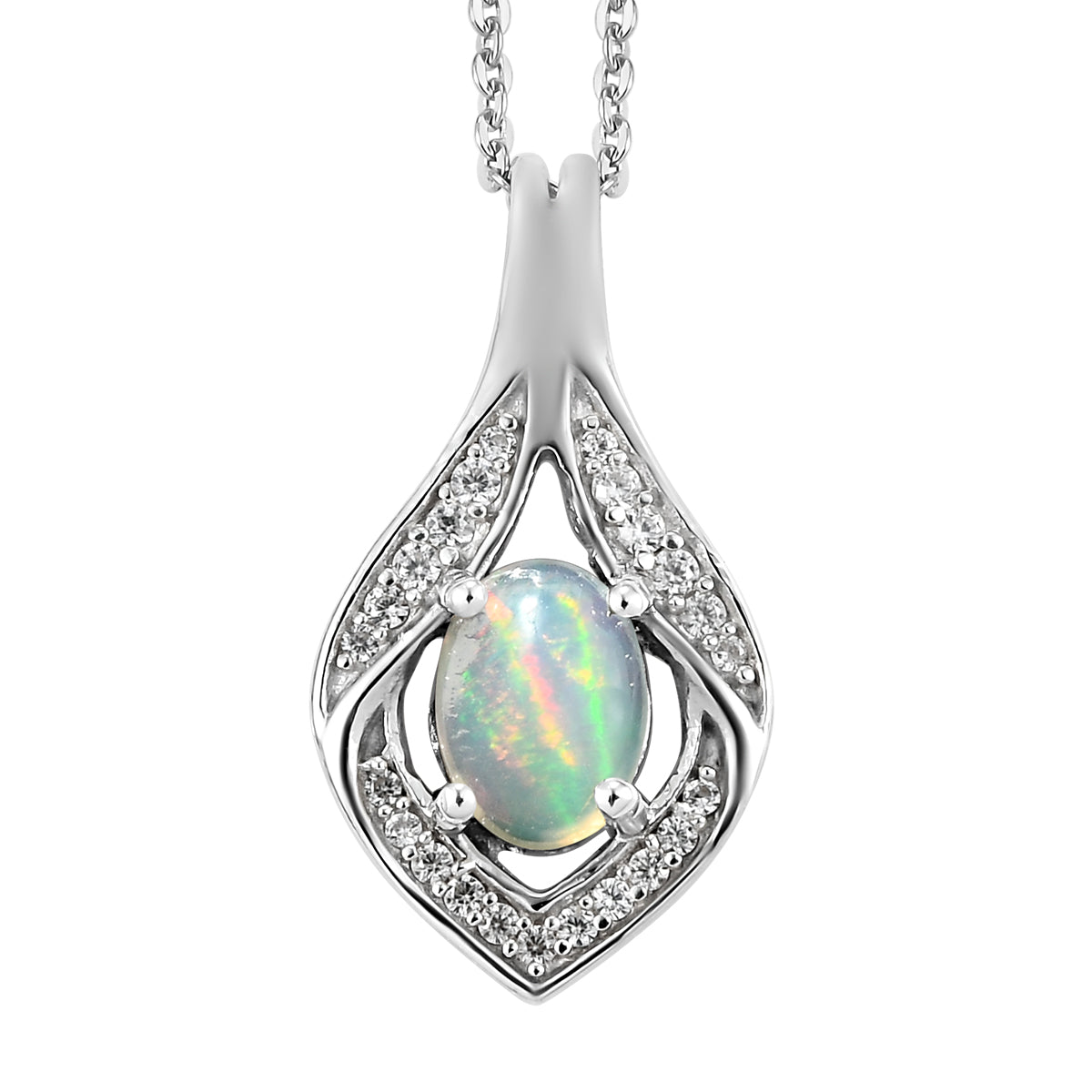 Natürlicher, äthiopischer Opal und weißer Zirkon-Anhänger mit Kette, 925 Silber platiniert ca. 0,69 ct