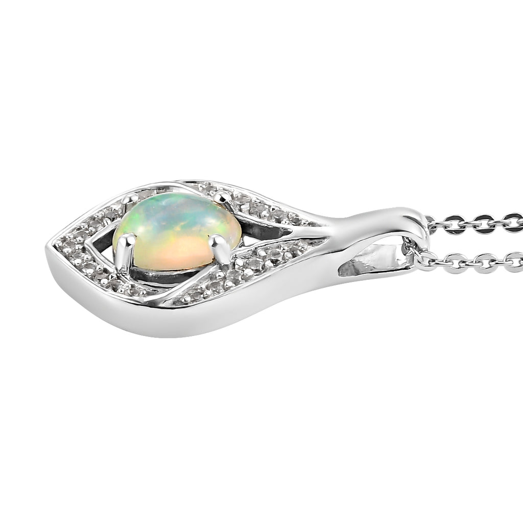 Natürlicher, äthiopischer Opal und weißer Zirkon-Anhänger mit Kette, 925 Silber platiniert ca. 0,69 ct