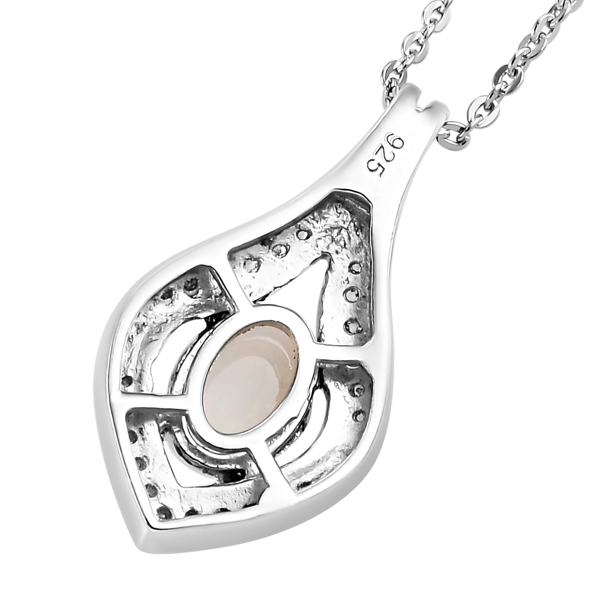 Natürlicher, äthiopischer Opal und weißer Zirkon-Anhänger mit Kette, 925 Silber platiniert ca. 0,69 ct