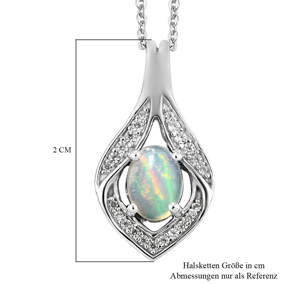 Natürlicher, äthiopischer Opal und weißer Zirkon-Anhänger mit Kette, 925 Silber platiniert ca. 0,69 ct