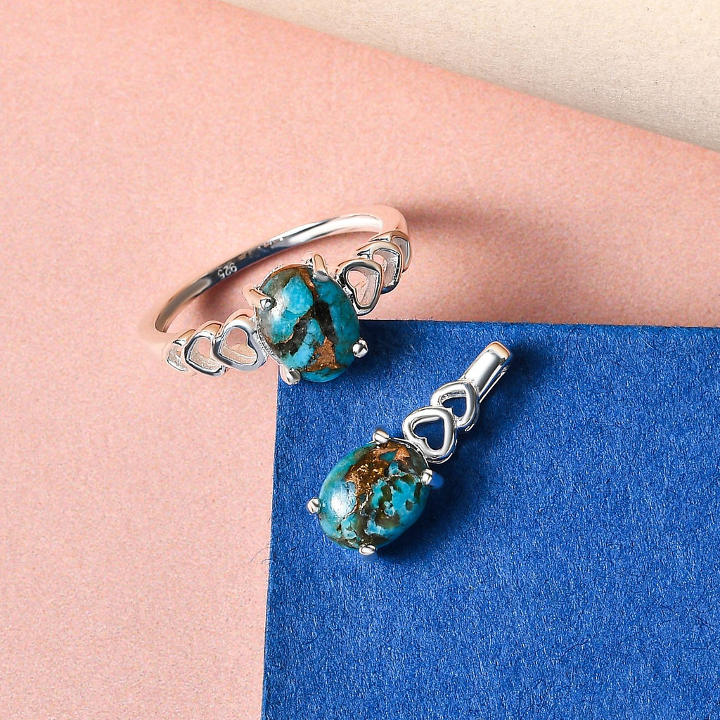 Blaues Türkis Ring und Anhänger, 925 Silber ca. 2,50 ct
