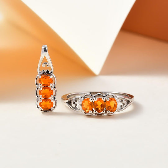 2er Set - Salamanca Feueropal-Ring und Anhänger, 925 Silber platiniert ca. 0.70 ct